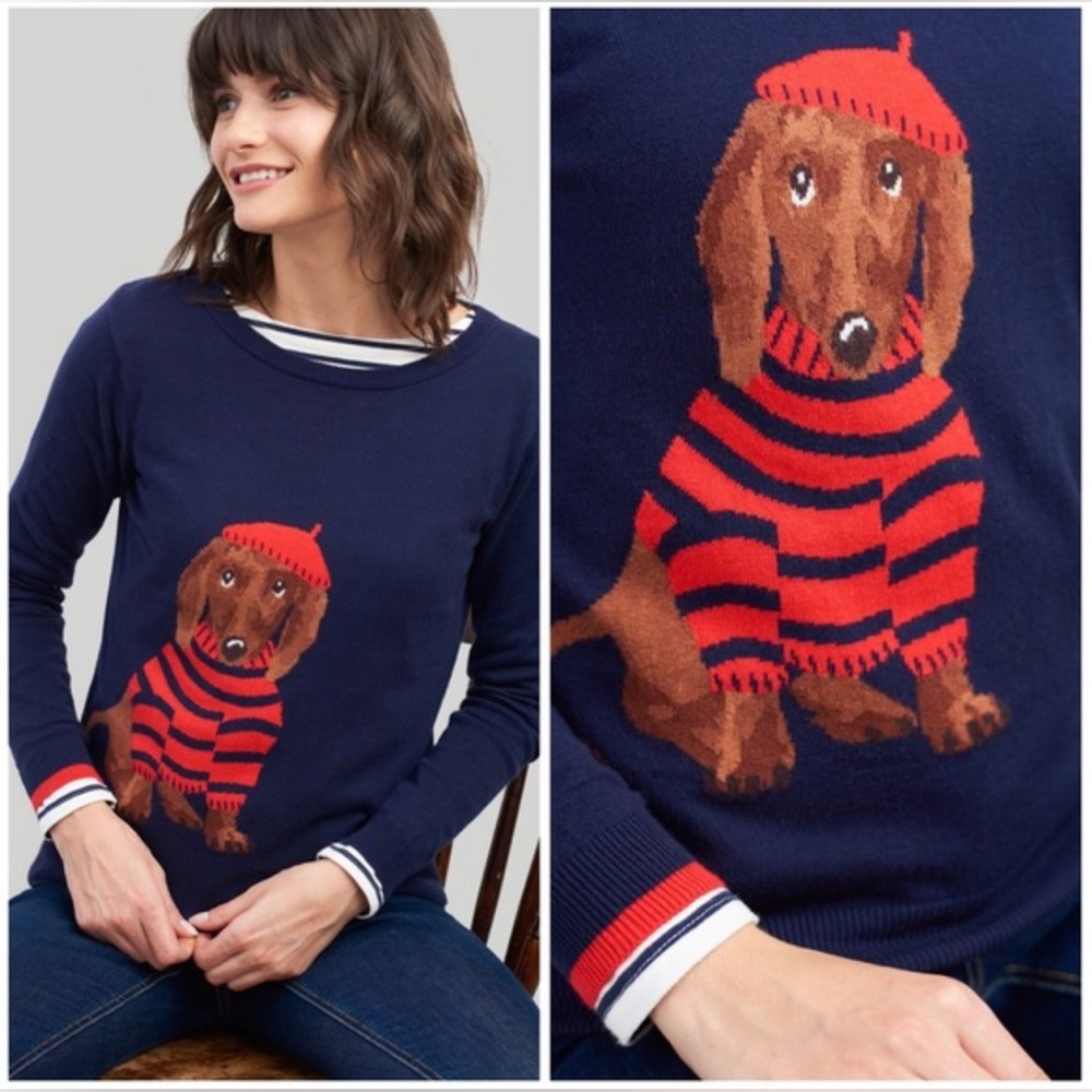 Joules Miranda Intarsia Jumper in navy with a dachshund design